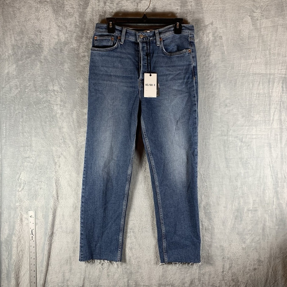 Re/Done Women's Jeans 70s Stove Pipe 29‎ Button Fly Raw Hem Medium Blue Wash